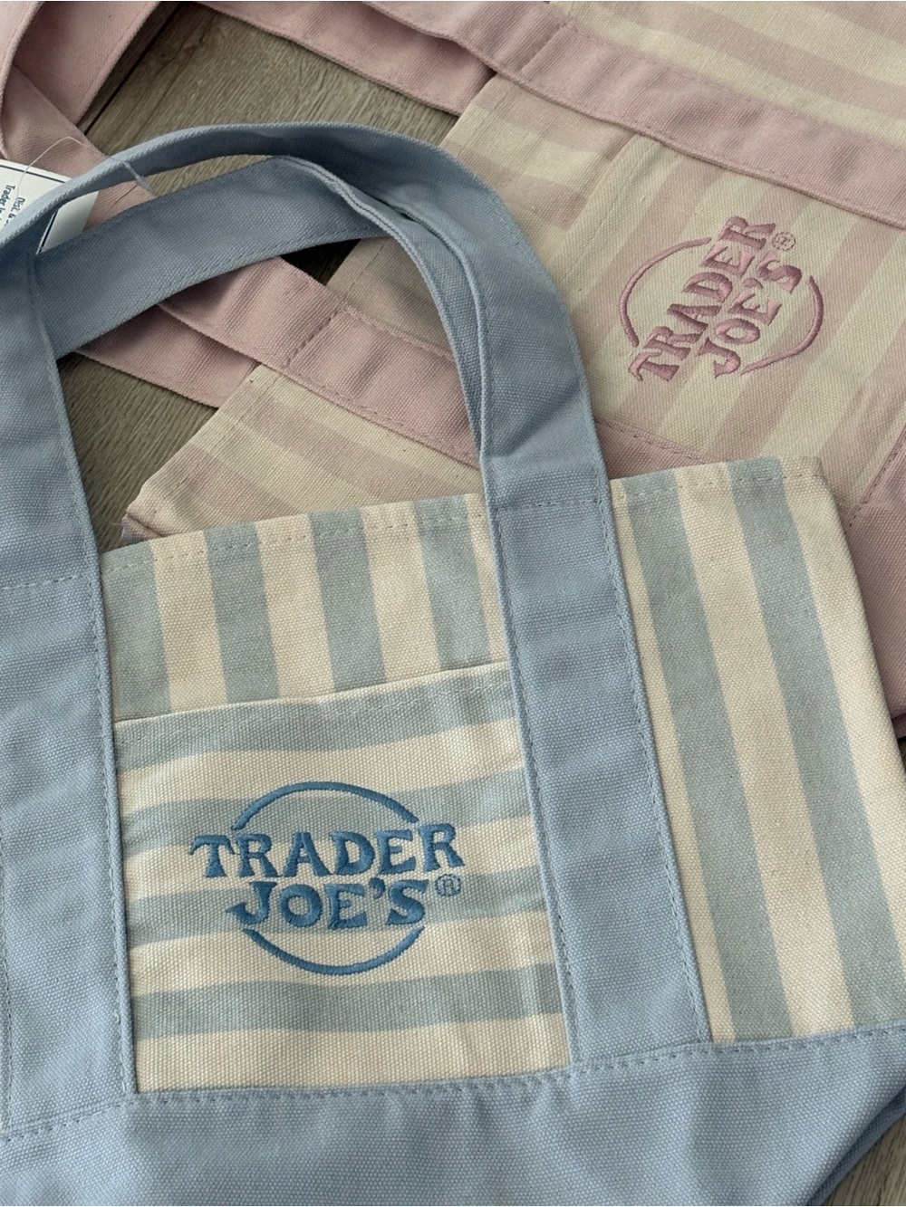 Trader Joe's Set of 2 Mini Tote Bags - Pink and Blue Stripe